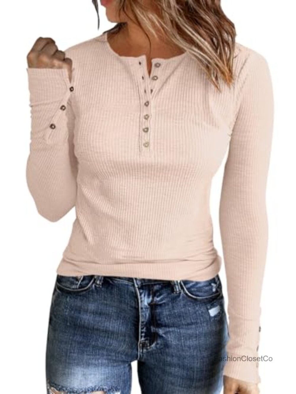 Women Ribbed Tunic Long Sleeve Slim Henley Cotton Blend Crew Neck Top